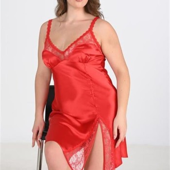 Arias Closet Premium Büyük Beden Saten Dantel İşlemeli Kırmızı Gecelik Bigsize