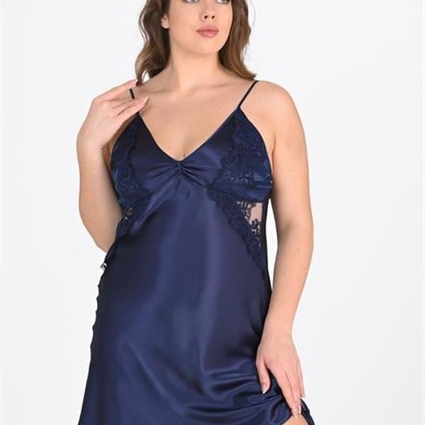 Arias Closet Premium Büyük Beden Saten Dantel İşlemeli Lacivert 2'Li Gecelik Sabahlık Takımı Bigsize