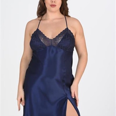 Arias Closet Premium Büyük Beden Saten Dantel İşlemeli Lacivert 2'Li Gecelik Sabahlık Takımı Bigsize
