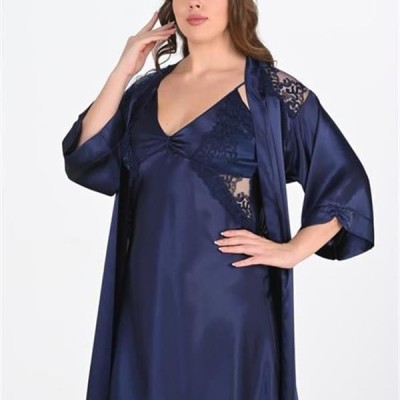 Arias Closet Premium Büyük Beden Saten Dantel İşlemeli Lacivert 2'Li Gecelik Sabahlık Takımı Bigsize