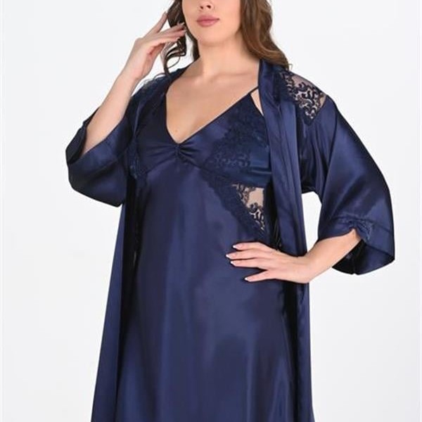 Arias Closet Premium Büyük Beden Saten Dantel İşlemeli Lacivert 2'Li Gecelik Sabahlık Takımı Bigsize