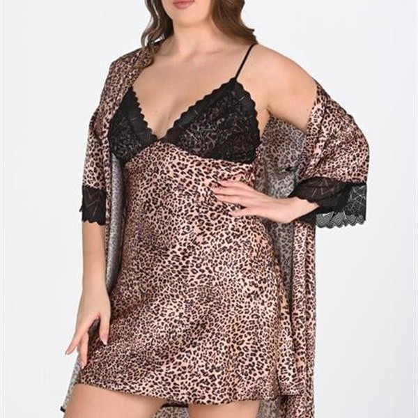 Arias Closet Premium Büyük Beden Saten Dantel İşlemeli Leopar 2'Li Gecelik Sabahlık Takımı Bigsize