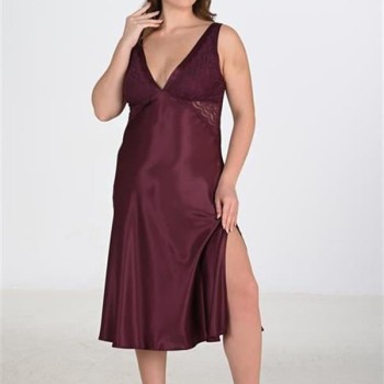 Arias Closet Premium Büyük Beden Saten Dantel İşlemeli Mürdüm Uzun 2'Li Gecelik Sabahlık Takımı Bigsize