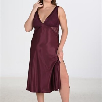 Arias Closet Premium Büyük Beden Saten Dantel İşlemeli Mürdüm Uzun 2'Li Gecelik Sabahlık Takımı Bigsize