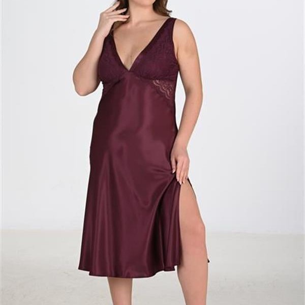 Arias Closet Premium Büyük Beden Saten Dantel İşlemeli Mürdüm Uzun 2'Li Gecelik Sabahlık Takımı Bigsize