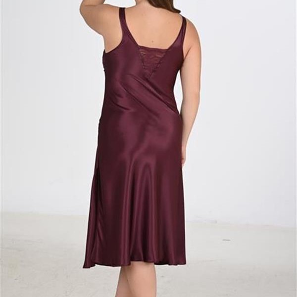 Arias Closet Premium Büyük Beden Saten Dantel İşlemeli Mürdüm Uzun 2'Li Gecelik Sabahlık Takımı Bigsize