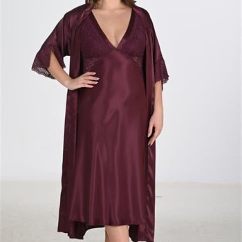 Arias Closet Premium Büyük Beden Saten Dantel İşlemeli Mürdüm Uzun 2'Li Gecelik Sabahlık Takımı Bigsize