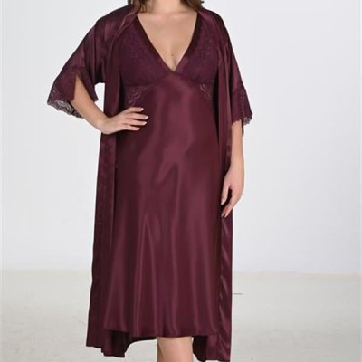 Arias Closet Premium Büyük Beden Saten Dantel İşlemeli Mürdüm Uzun 2'Li Gecelik Sabahlık Takımı Bigsize