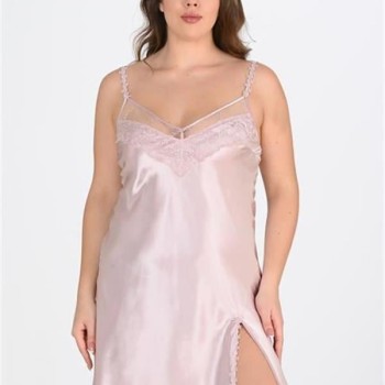 Arias Closet Premium Büyük Beden Saten Dantel İşlemeli Pudra 2'Li Gecelik Sabahlık Takımı Bigsize