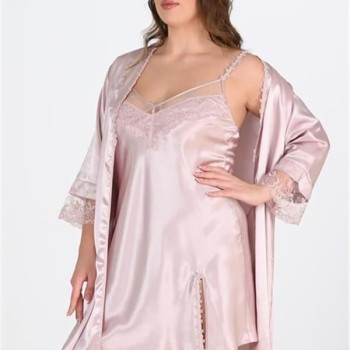 Arias Closet Premium Büyük Beden Saten Dantel İşlemeli Pudra 2'Li Gecelik Sabahlık Takımı Bigsize