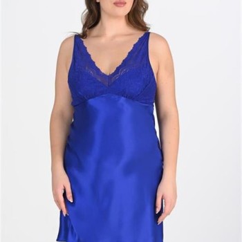 Arias Closet Premium Büyük Beden Saten Dantel İşlemeli Saks 2'Li Gecelik Sabahlık Takımı Bigsize