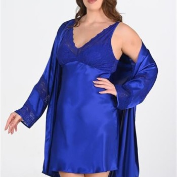 Arias Closet Premium Büyük Beden Saten Dantel İşlemeli Saks 2'Li Gecelik Sabahlık Takımı Bigsize