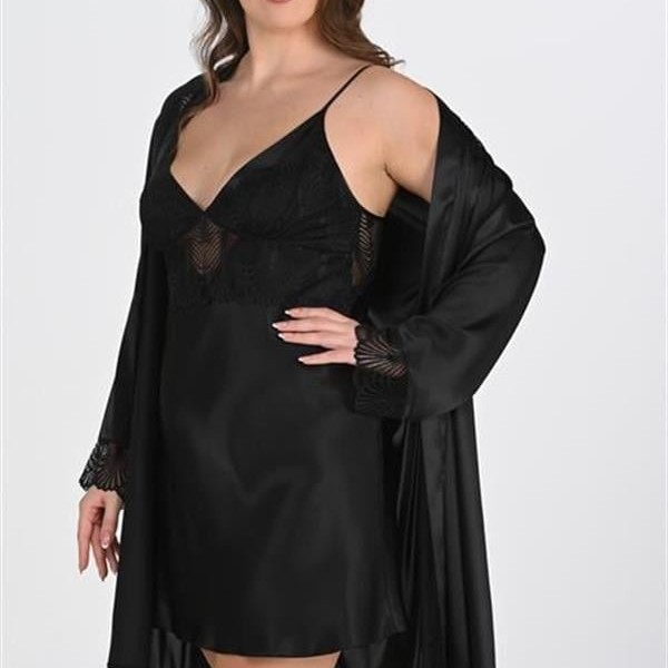 Arias Closet Premium Büyük Beden Saten Dantel İşlemeli Siyah 2'Li Gecelik Sabahlık Takımı Bigsize