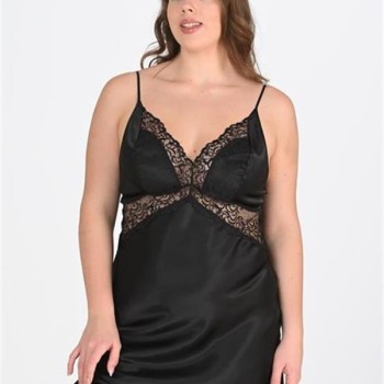 Arias Closet Premium Büyük Beden Saten Dantel İşlemeli Siyah 2'Li Gecelik Sabahlık Takımı Bigsize