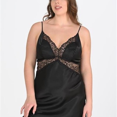 Arias Closet Premium Büyük Beden Saten Dantel İşlemeli Siyah 2'Li Gecelik Sabahlık Takımı Bigsize