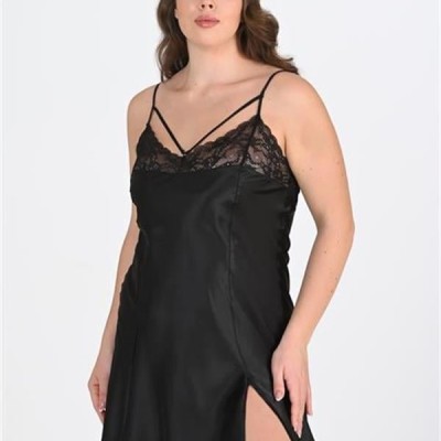 Arias Closet Premium Büyük Beden Saten Dantel İşlemeli Siyah Gecelik Bigsize