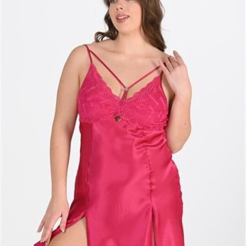 Arias Closet Premium Büyük Beden Saten Dantel İşlemeli Vişne 2'Li Gecelik Sabahlık Takımı Bigsize