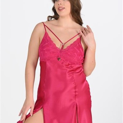 Arias Closet Premium Büyük Beden Saten Dantel İşlemeli Vişne 2'Li Gecelik Sabahlık Takımı Bigsize