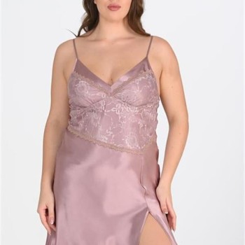 Arias Closet Premium Büyük Beden Saten Dantel İşlemeli Vizon 2'Li Gecelik Sabahlık Takımı Bigsize