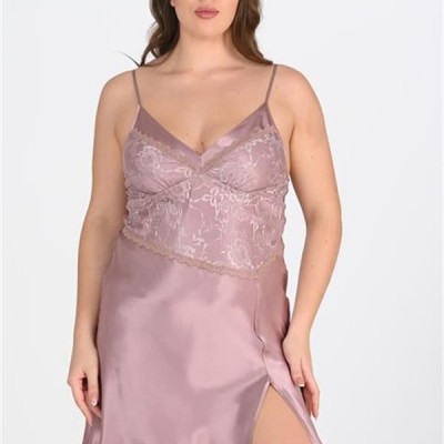 Arias Closet Premium Büyük Beden Saten Dantel İşlemeli Vizon 2'Li Gecelik Sabahlık Takımı Bigsize