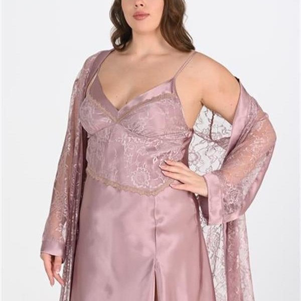 Arias Closet Premium Büyük Beden Saten Dantel İşlemeli Vizon 2'Li Gecelik Sabahlık Takımı Bigsize