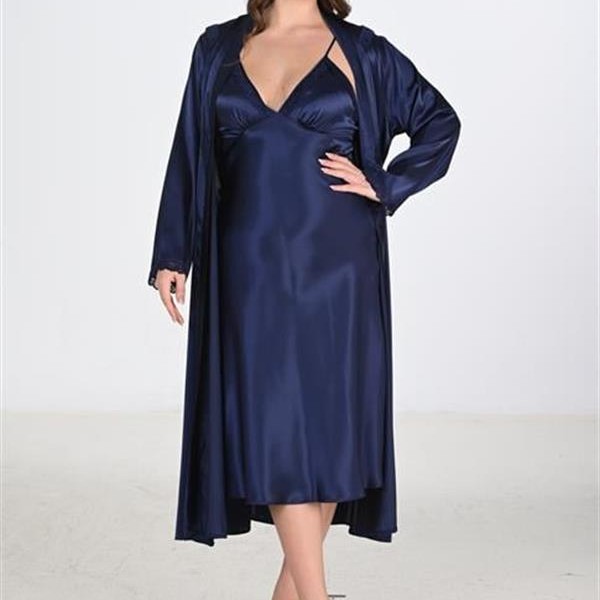 Arias Closet Premium Büyük Beden Saten Lacivert Uzun 2'Li Gecelik Sabahlık Takımı Bigsize