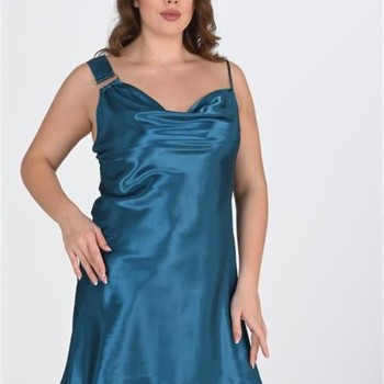 Arias Closet Premium Büyük Beden Saten Petrol 2'Li Gecelik Sabahlık Takımı Bigsize