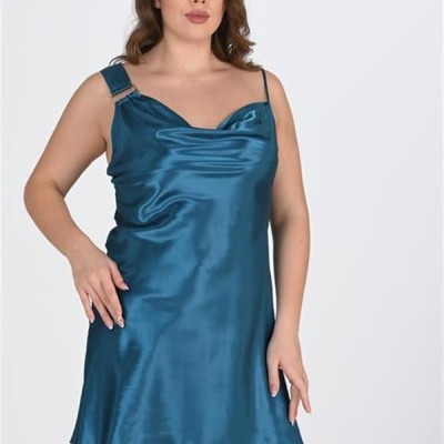 Arias Closet Premium Büyük Beden Saten Petrol 2'Li Gecelik Sabahlık Takımı Bigsize