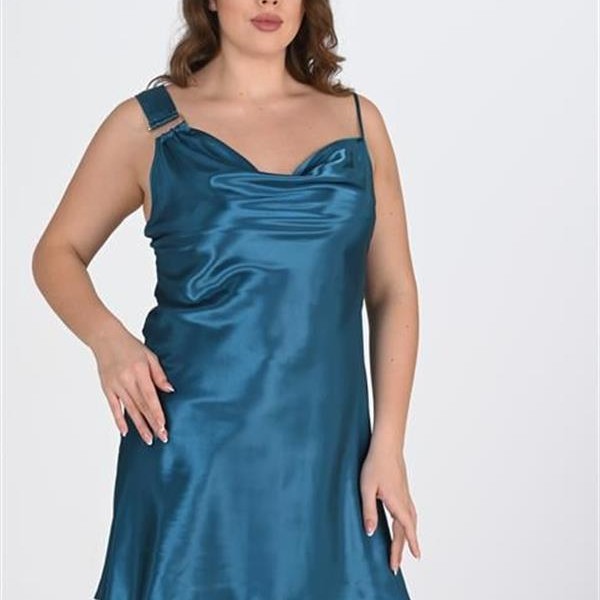 Arias Closet Premium Büyük Beden Saten Petrol 2'Li Gecelik Sabahlık Takımı Bigsize