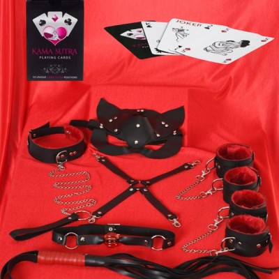 Arias Closet Sexy Görselli Oyun Kartı Kama Sutra 7'Li Kırmızı Siyah Harness Set