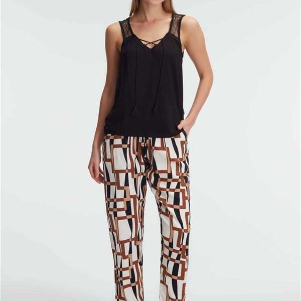 Arias Closet Sıfır Kol V Yaka Viskon Geometrik Yazlık Uzun İp Detaylı Pijama Takımı