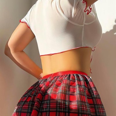 Arias Closet Şık Tasarım Tül Ekose Etekli Üst Kısmı Bağlamalı Fantezi Öğrenci Kostümü