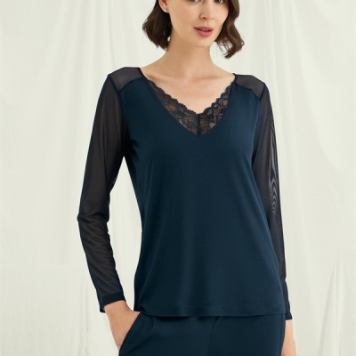 Arias Closet Sırt Dekolteli Uzun Kollu Tüllü Ve Dantelli Pijama Takımı