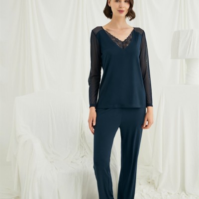 Arias Closet Sırt Dekolteli Uzun Kollu Tüllü Ve Dantelli Pijama Takımı