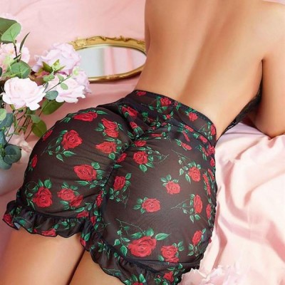 Arias Closet Siyah Dantel İşlemeli Gül Desenli Mini Fantezi Gecelik