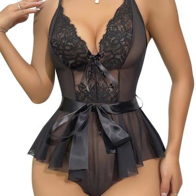 Arias Closet Siyah Dantel İşlemeli Kurdelalı Fantezi Tül Babydoll