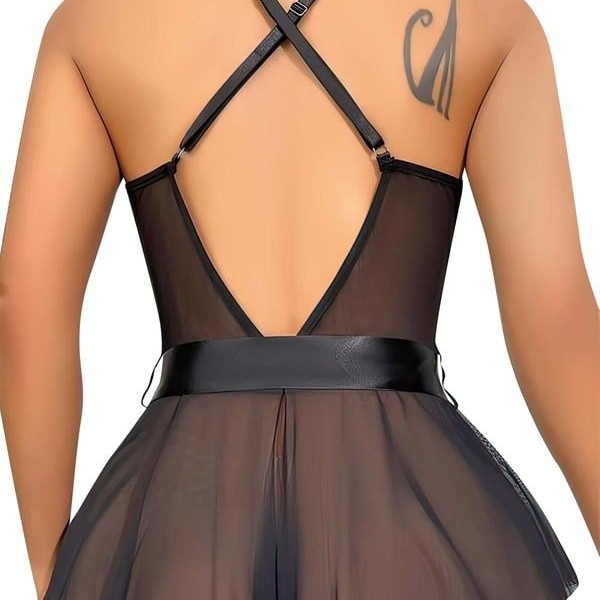 Arias Closet Siyah Dantel İşlemeli Kurdelalı Fantezi Tül Babydoll