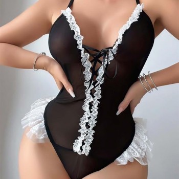 Arias Closet Siyah Dantel İşlemeli Sırt Dekolteli Fantezi Body