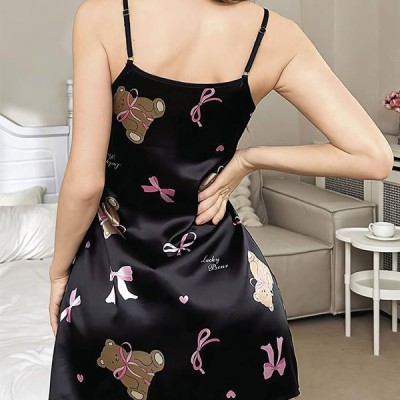 Arias Closet Siyah İnce Askılı Ayıcık Desenli Saten Mini Gecelik