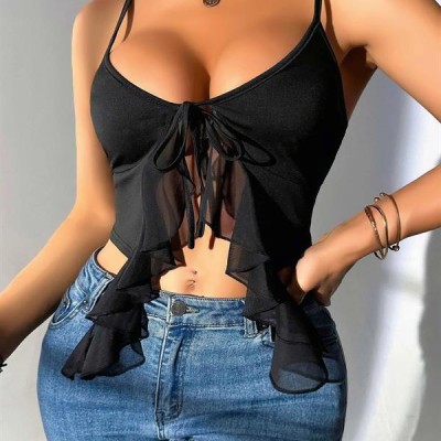 Arias Closet Siyah İnce Askılı Önden Bağlamalı Fırfır Detaylı Crop