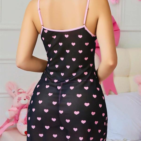 Arias Closet Siyah Kalp Desenli Dantel İşlemeli Fantezi Gecelik