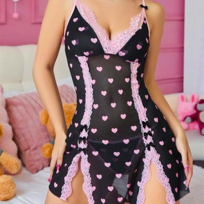 Arias Closet Siyah Kalp Desenli Dantel İşlemeli Fantezi Gecelik