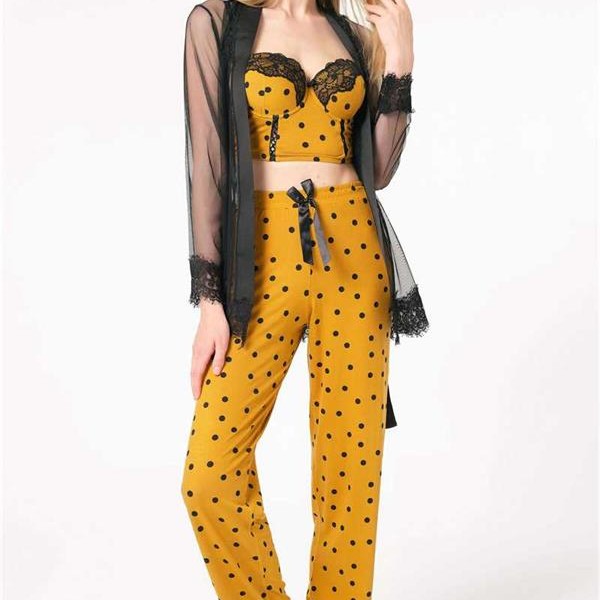 Arias Closet Tül Dantelli Sabahlık Balenli Destekli Dolgulu Puantiyeli Büstiyer Sütyen Ve Pantolon Pijama 3'Lü Takım