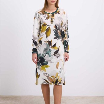 Arias Closet Uzun Kollu Çiçek Desenli Lenzing Viskon, Düğmeli Yaka Detaylı Gecelik