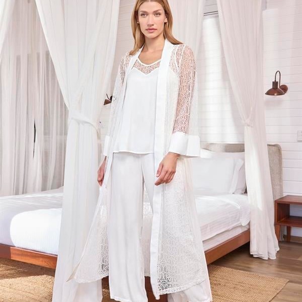 Arias Closet Uzun Kollu Dantelli Ve Kuşaklı Sabahlık