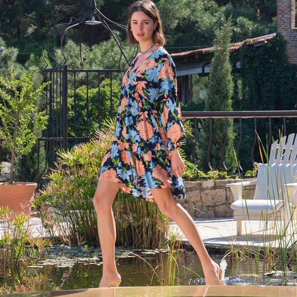 Arias Closet Viskon Çiçek Ve Yaprak Desenli Uzun Kollu Elbise