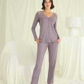 Arias Closet Yakası Kolu Ve Omzu Dantelli Boydan Düğmeli Pijama Takımı