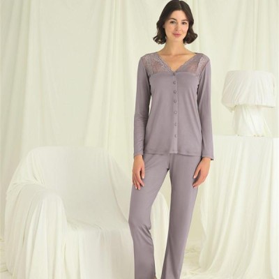 Arias Closet Yakası Kolu Ve Omzu Dantelli Boydan Düğmeli Pijama Takımı