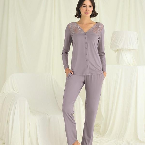 Arias Closet Yakası Kolu Ve Omzu Dantelli Boydan Düğmeli Pijama Takımı