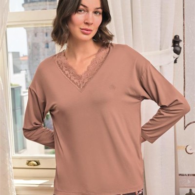 Arias Closet Yaprak Desenli Dantelli V Yaka Büyük Beden Pijama Takımı